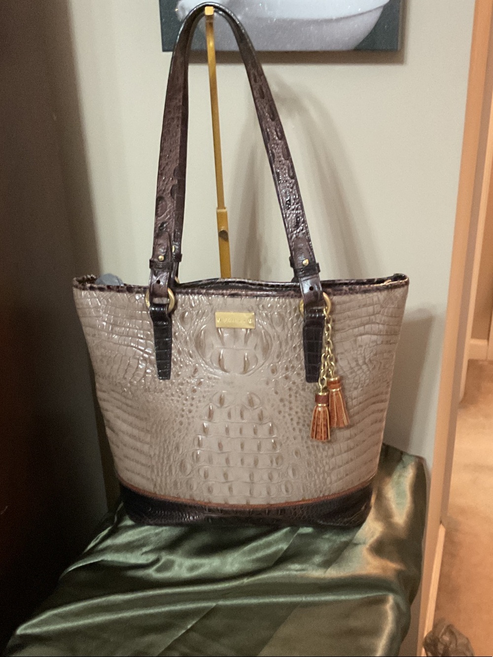 Brahmin Asher Taupe Croc-Embossed Tote with Dark Brown Trim and Gold Accents